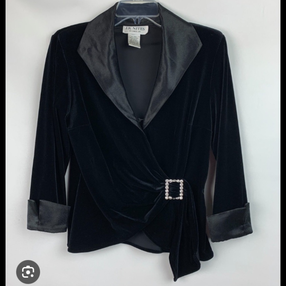 J.R. Nites by Caliendo Jacket/Top Black Satin Velvet Rhinestone Buckle Sz 12